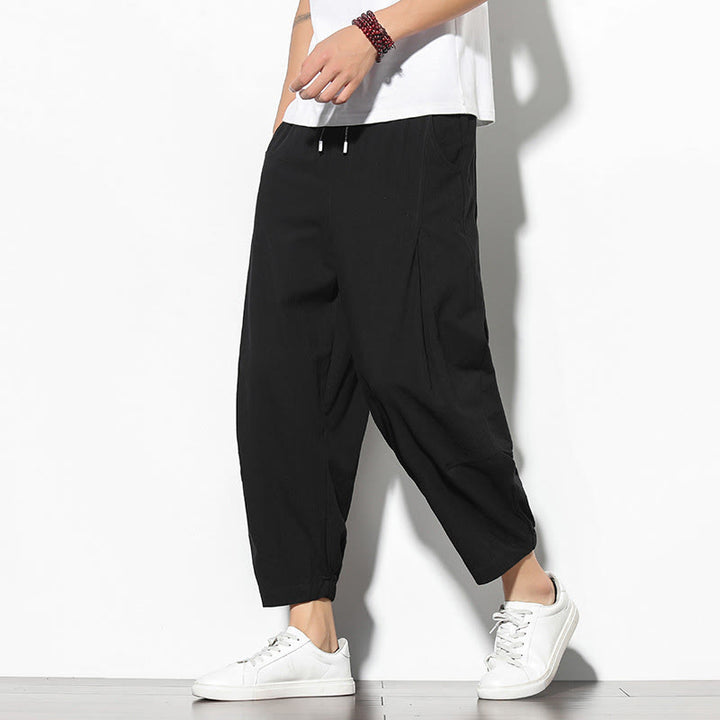 Buddha Stones夏 メンズ 7-8丈 コットンリネン キャロットパンツ ポケット付き - 黒 - US/UK/AU46、 EU56 (5XL) - image 13