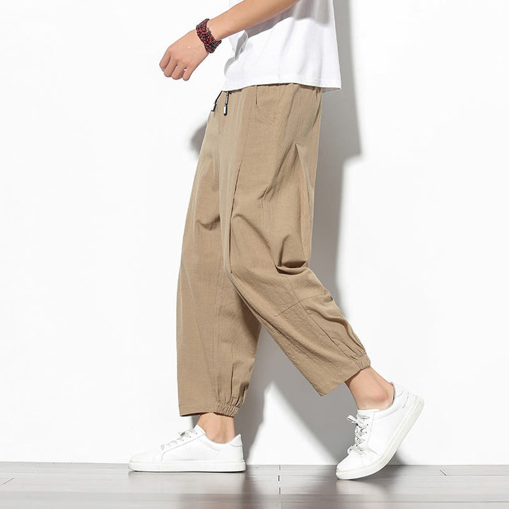 Buddha Stones夏 メンズ 7-8丈 コットンリネン キャロットパンツ ポケット付き - タン - US/UK/AU46、 EU56 (5XL) - image 5