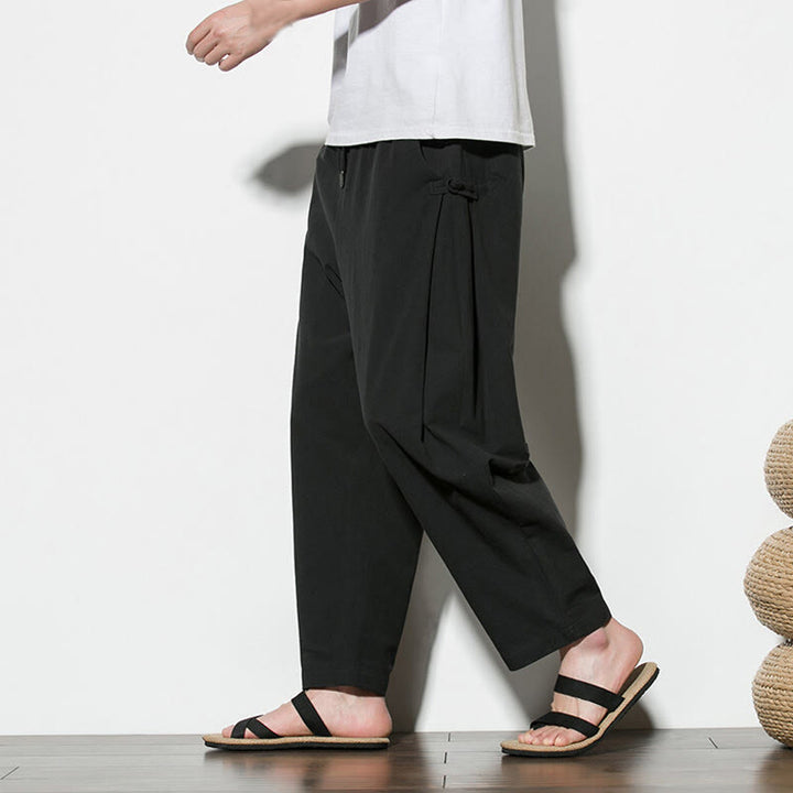 Buddha Stonesサマー サイドフロッグボタンデザイン メンズ コットンリネン パンツ ポケット付き - 黒 - US/UK/AU46、 EU56 (5XL) - image 18