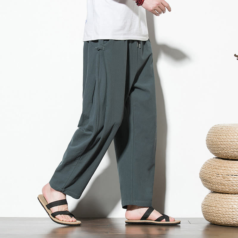 Buddha Stonesサマー サイドフロッグボタンデザイン メンズ コットンリネン パンツ ポケット付き - image 2