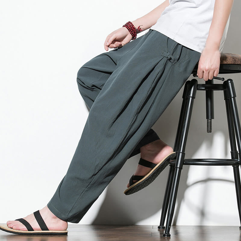 Buddha Stonesサマー サイドフロッグボタンデザイン メンズ コットンリネン パンツ ポケット付き - image 9