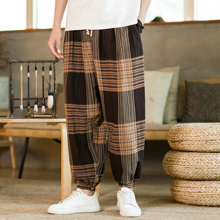 Buddha Stones夏 チェック柄 ストライプ コットンリネン メンズ ハーレムパンツ ポケット付き - image 3