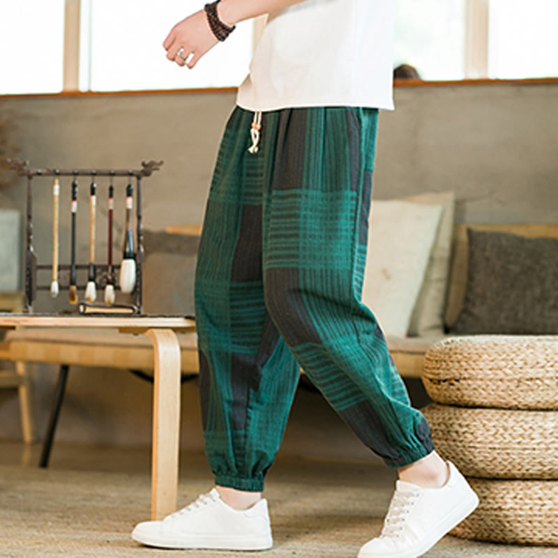 Buddha Stones夏 チェック柄 ストライプ コットンリネン メンズ ハーレムパンツ ポケット付き - 緑 - US/UK/AU46、 EU56 (5XL) - image 10
