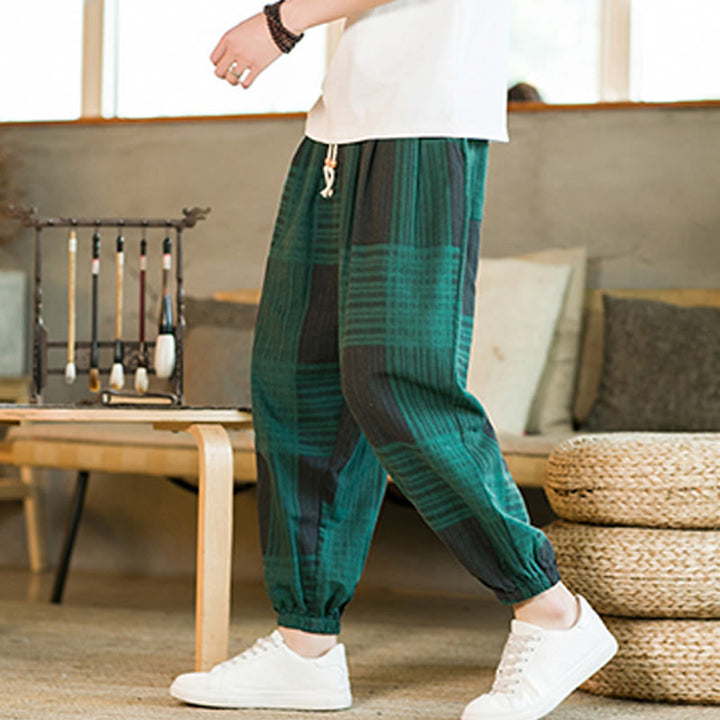 Buddha Stones夏 チェック柄 ストライプ コットンリネン メンズ ハーレムパンツ ポケット付き - 緑 - US/UK/AU46、 EU56 (5XL) - image 10