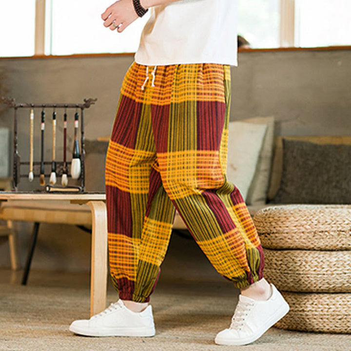 Buddha Stones夏 チェック柄 ストライプ コットンリネン メンズ ハーレムパンツ ポケット付き - オレンジ - US/UK/AU46、 EU56 (5XL) - image 20