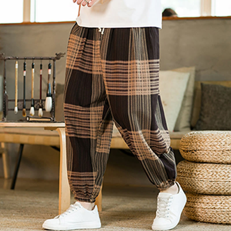 Buddha Stones夏 チェック柄 ストライプ コットンリネン メンズ ハーレムパンツ ポケット付き - image 2