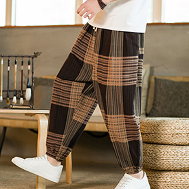Buddha Stones夏 チェック柄 ストライプ コットンリネン メンズ ハーレムパンツ ポケット付き - image 6