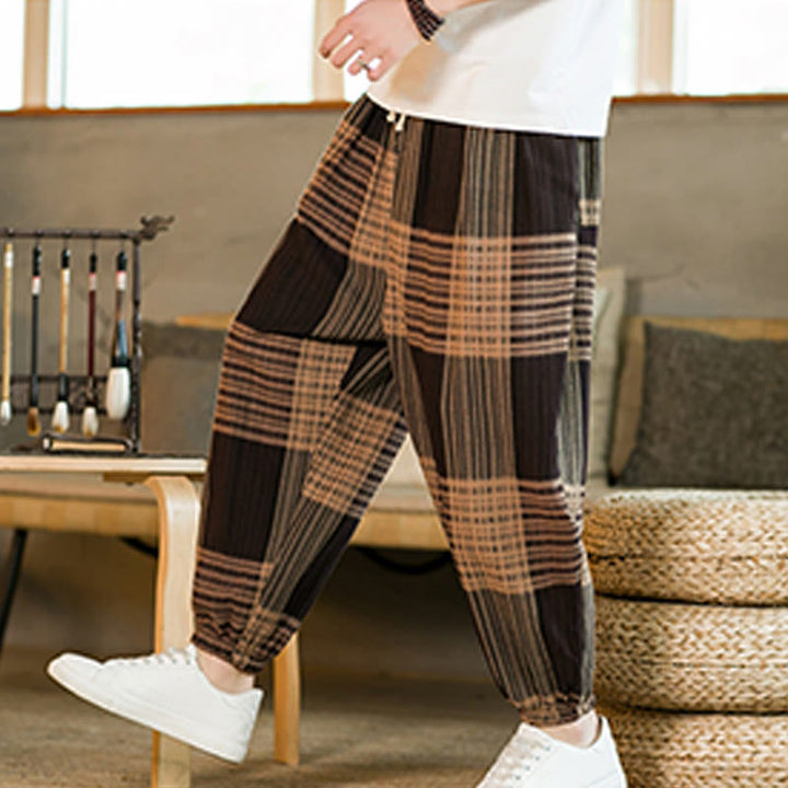 Buddha Stones夏 チェック柄 ストライプ コットンリネン メンズ ハーレムパンツ ポケット付き - image 6