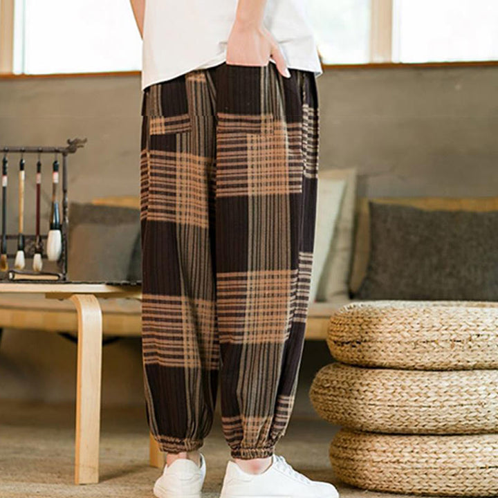 Buddha Stones夏 チェック柄 ストライプ コットンリネン メンズ ハーレムパンツ ポケット付き - image 5
