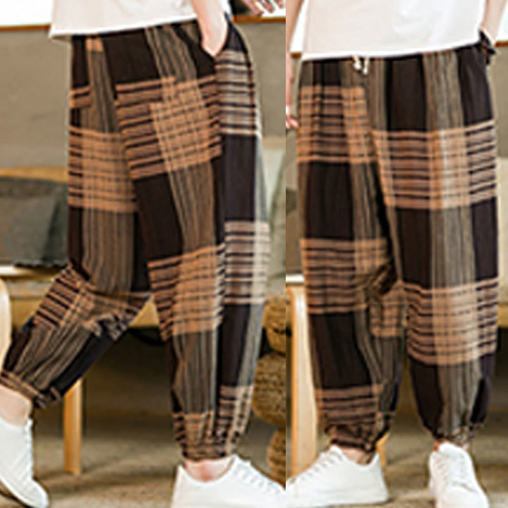 Buddha Stones夏 チェック柄 ストライプ コットンリネン メンズ ハーレムパンツ ポケット付き - image 9