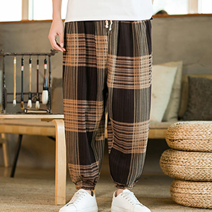 Buddha Stones夏 チェック柄 ストライプ コットンリネン メンズ ハーレムパンツ ポケット付き - image 8