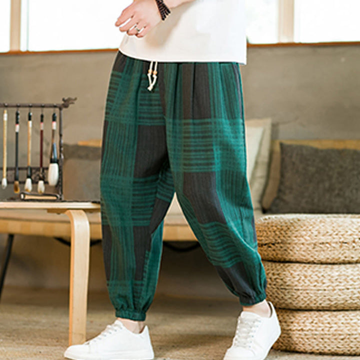 Buddha Stones夏 チェック柄 ストライプ コットンリネン メンズ ハーレムパンツ ポケット付き - image 11