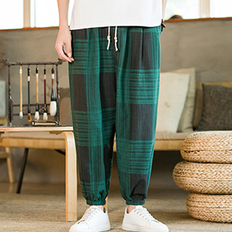Buddha Stones夏 チェック柄 ストライプ コットンリネン メンズ ハーレムパンツ ポケット付き - image 15