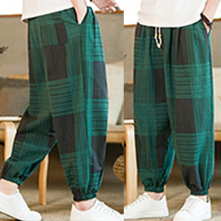 Buddha Stones夏 チェック柄 ストライプ コットンリネン メンズ ハーレムパンツ ポケット付き - image 19