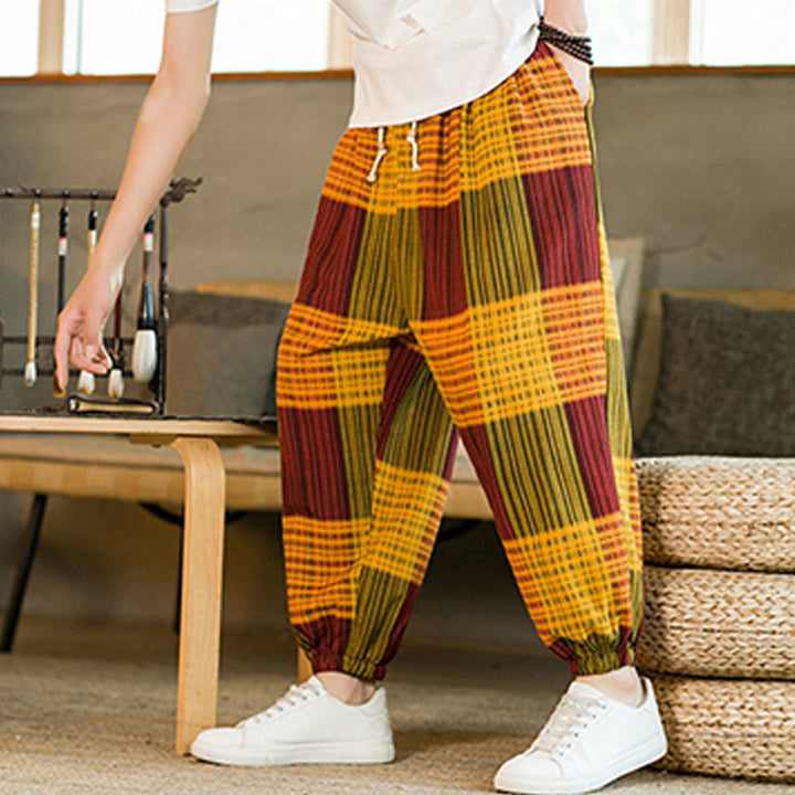 Buddha Stones夏 チェック柄 ストライプ コットンリネン メンズ ハーレムパンツ ポケット付き - image 22