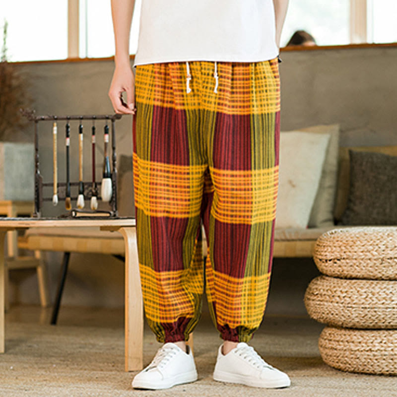 Buddha Stones夏 チェック柄 ストライプ コットンリネン メンズ ハーレムパンツ ポケット付き - image 21