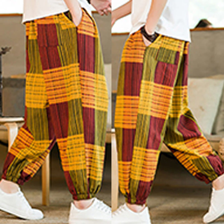Buddha Stones夏 チェック柄 ストライプ コットンリネン メンズ ハーレムパンツ ポケット付き - image 27
