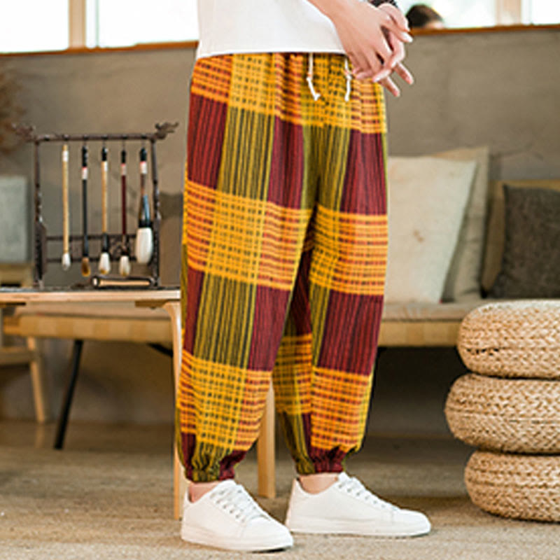 Buddha Stones夏 チェック柄 ストライプ コットンリネン メンズ ハーレムパンツ ポケット付き - image 23