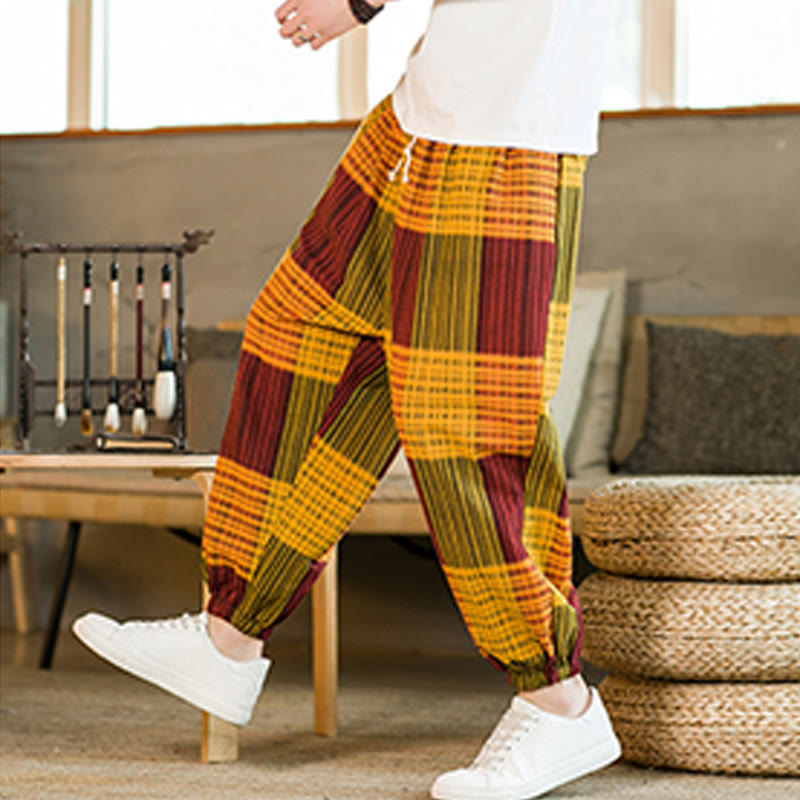 Buddha Stones夏 チェック柄 ストライプ コットンリネン メンズ ハーレムパンツ ポケット付き - image 25