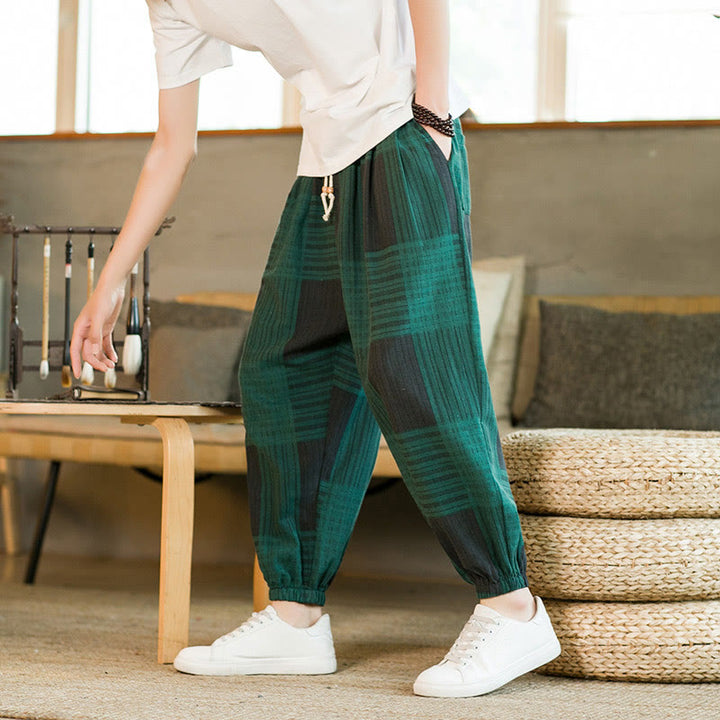 Buddha Stones夏 チェック柄 ストライプ コットンリネン メンズ ハーレムパンツ ポケット付き - image 14
