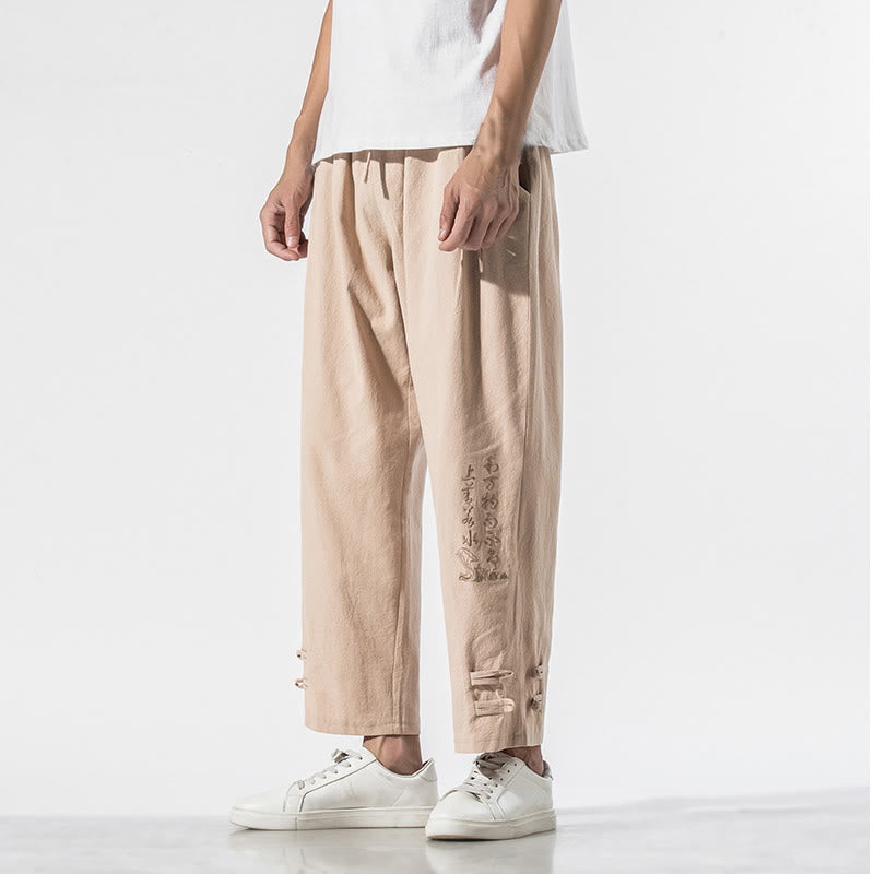 Buddha Stones夏 漢字 刺繍 メンズ コットン リネン ポケット付きパンツ - 小麦 - US/UK/AU46、 EU56 (5XL) - image 9