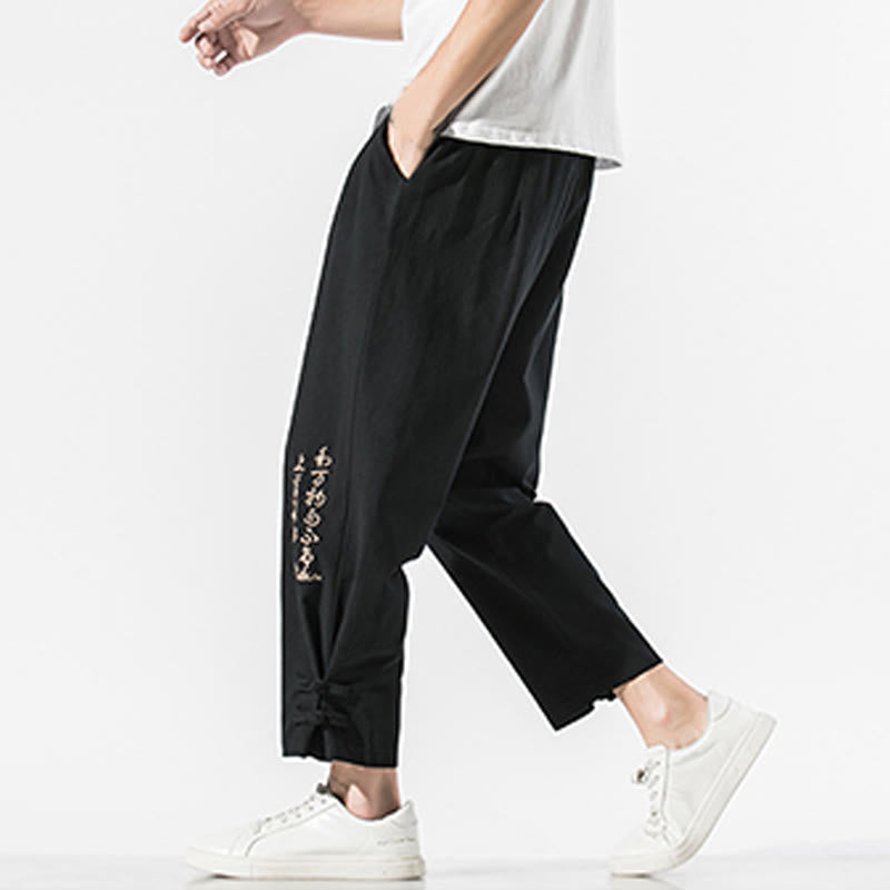 Buddha Stones夏 漢字 刺繍 メンズ コットン リネン ポケット付きパンツ - image 5