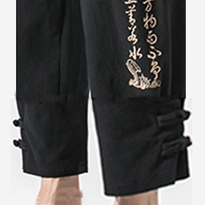 Buddha Stones夏 漢字 刺繍 メンズ コットン リネン ポケット付きパンツ - image 6