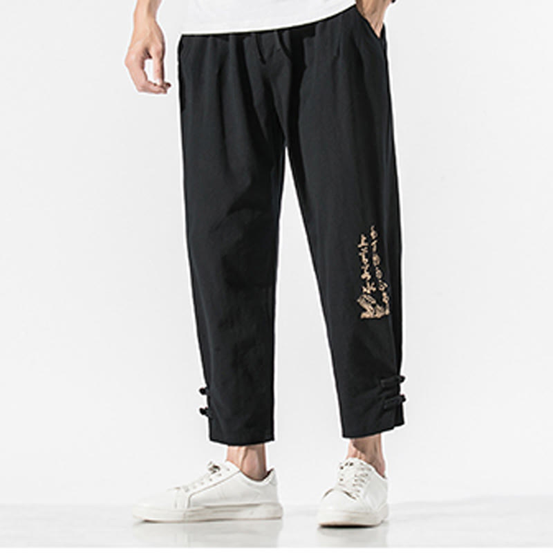 Buddha Stones夏 漢字 刺繍 メンズ コットン リネン ポケット付きパンツ - image 4