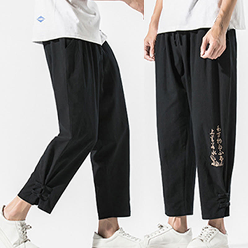 Buddha Stones夏 漢字 刺繍 メンズ コットン リネン ポケット付きパンツ - image 8
