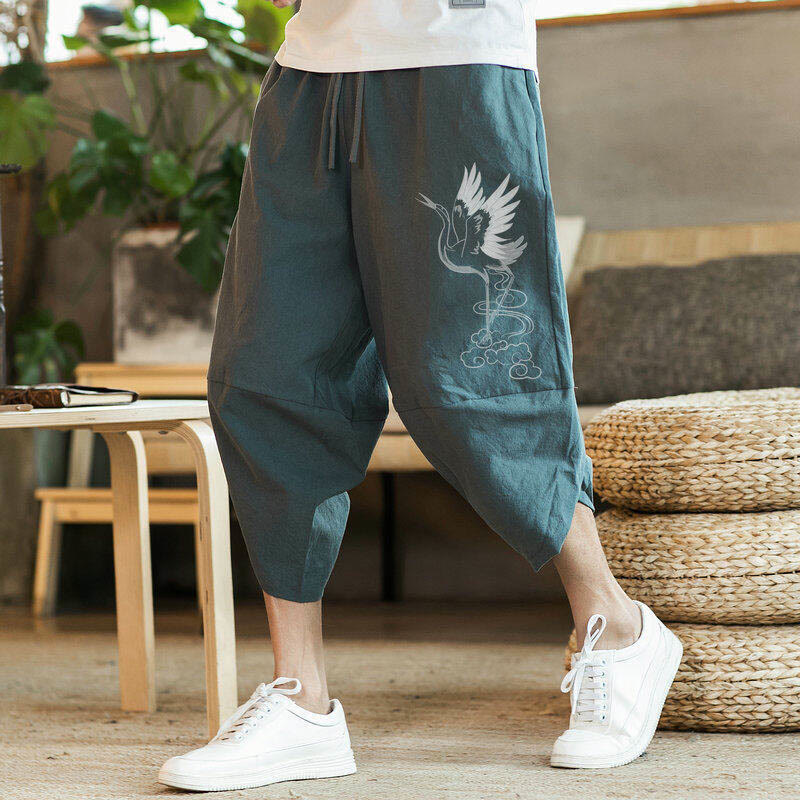 Buddha Stones、白鶴、雲の刺繍、コットンリネン、メンズ7-8丈ハーレムパンツ、ポケット付き - キャデットブルー - US/UK/AU46、 EU56 (5XL) - image 8