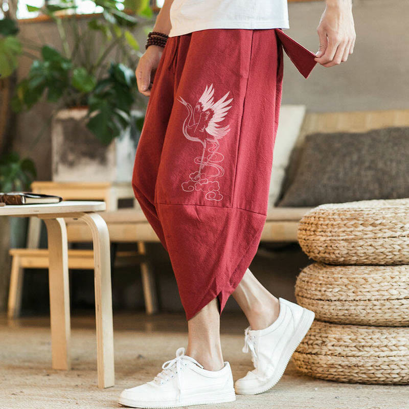 Buddha Stones、白鶴、雲の刺繍、コットンリネン、メンズ7-8丈ハーレムパンツ、ポケット付き - 赤 - US/UK/AU46、 EU56 (5XL) - image 5