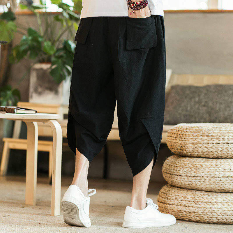 Buddha Stones、白鶴、雲の刺繍、コットンリネン、メンズ7-8丈ハーレムパンツ、ポケット付き - image 3