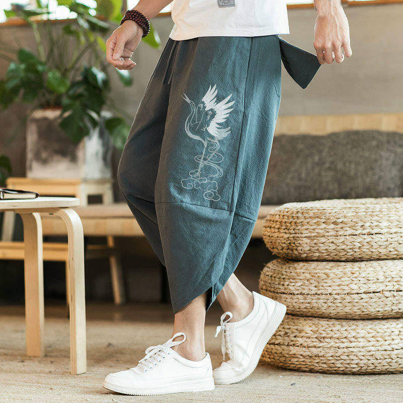 Buddha Stones、白鶴、雲の刺繍、コットンリネン、メンズ7-8丈ハーレムパンツ、ポケット付き - image 12