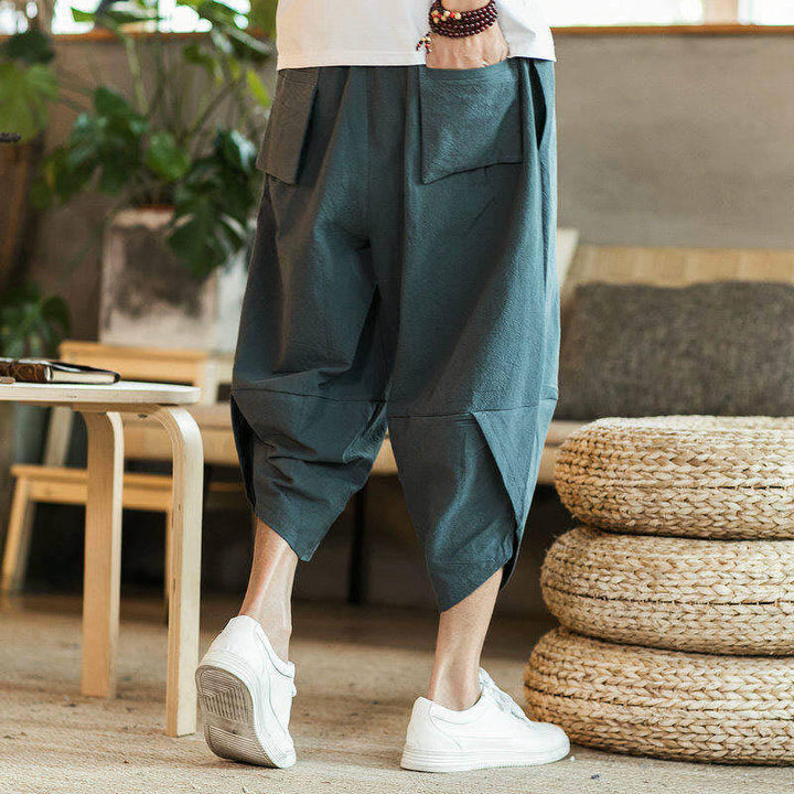 Buddha Stones、白鶴、雲の刺繍、コットンリネン、メンズ7-8丈ハーレムパンツ、ポケット付き - image 10