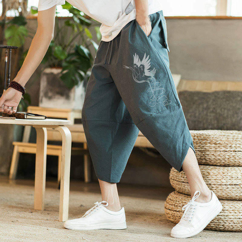 Buddha Stones、白鶴、雲の刺繍、コットンリネン、メンズ7-8丈ハーレムパンツ、ポケット付き - image 11