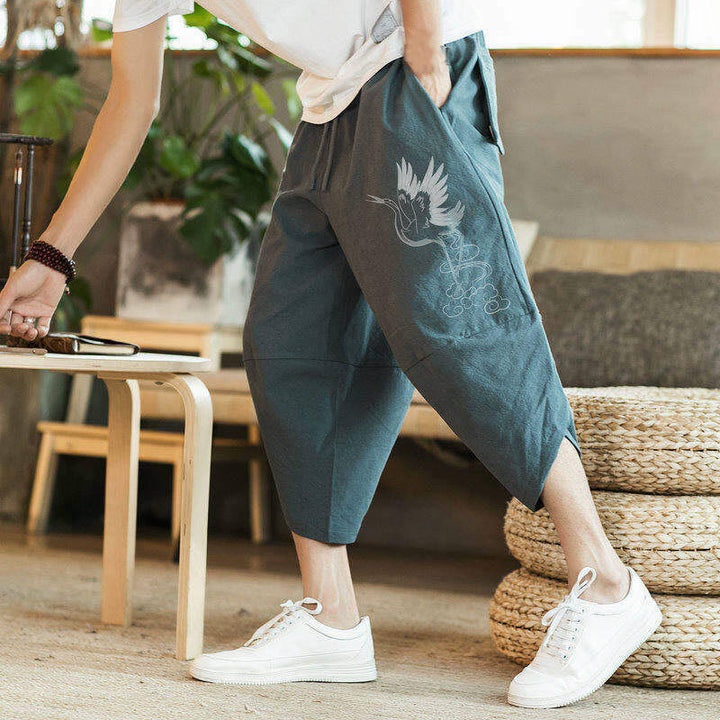 Buddha Stones、白鶴、雲の刺繍、コットンリネン、メンズ7-8丈ハーレムパンツ、ポケット付き - image 11
