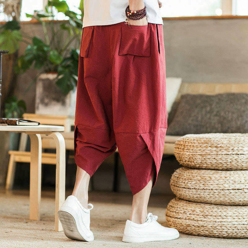 Buddha Stones、白鶴、雲の刺繍、コットンリネン、メンズ7-8丈ハーレムパンツ、ポケット付き - image 6
