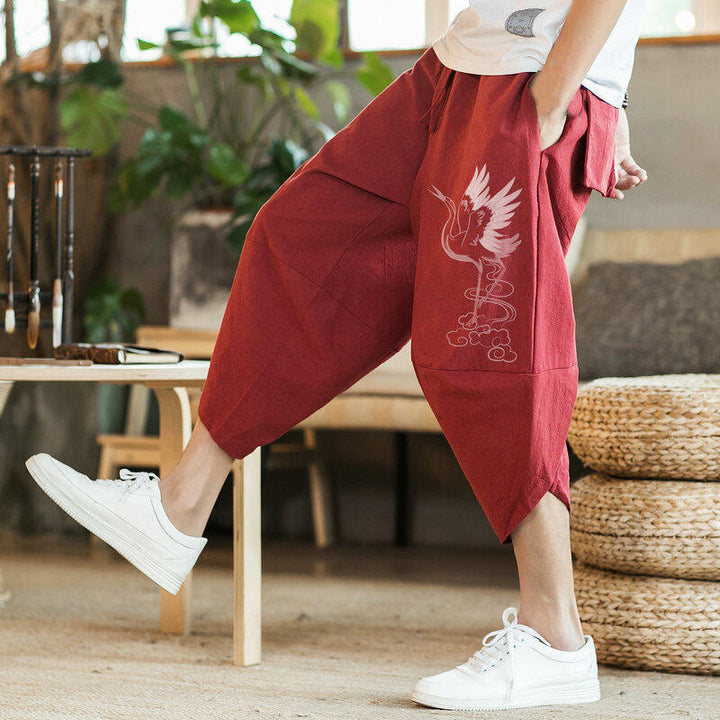 Buddha Stones、白鶴、雲の刺繍、コットンリネン、メンズ7-8丈ハーレムパンツ、ポケット付き - image 7