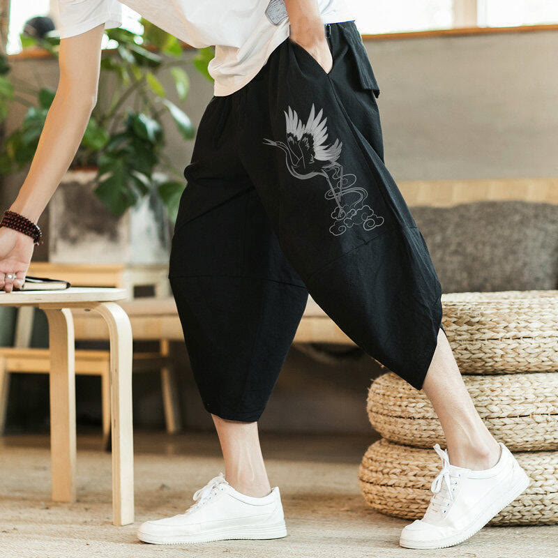 Buddha Stones、白鶴、雲の刺繍、コットンリネン、メンズ7-8丈ハーレムパンツ、ポケット付き - 黒 - US/UK/AU46、 EU56 (5XL) - image 1