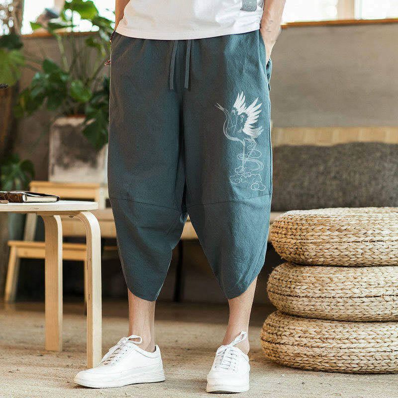Buddha Stones、白鶴、雲の刺繍、コットンリネン、メンズ7-8丈ハーレムパンツ、ポケット付き - image 9