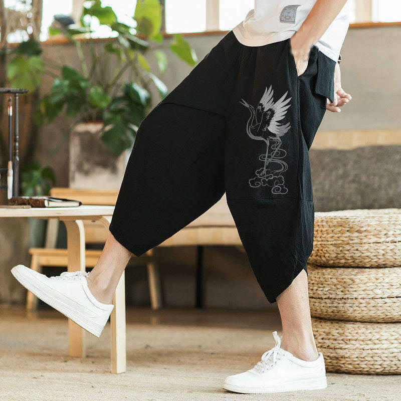 Buddha Stones、白鶴、雲の刺繍、コットンリネン、メンズ7-8丈ハーレムパンツ、ポケット付き - image 4