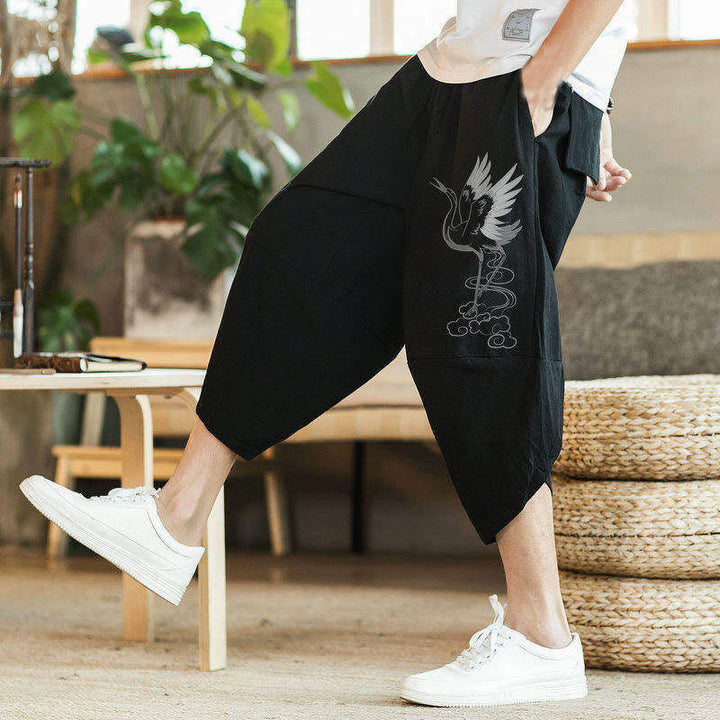 Buddha Stones、白鶴、雲の刺繍、コットンリネン、メンズ7-8丈ハーレムパンツ、ポケット付き - image 4