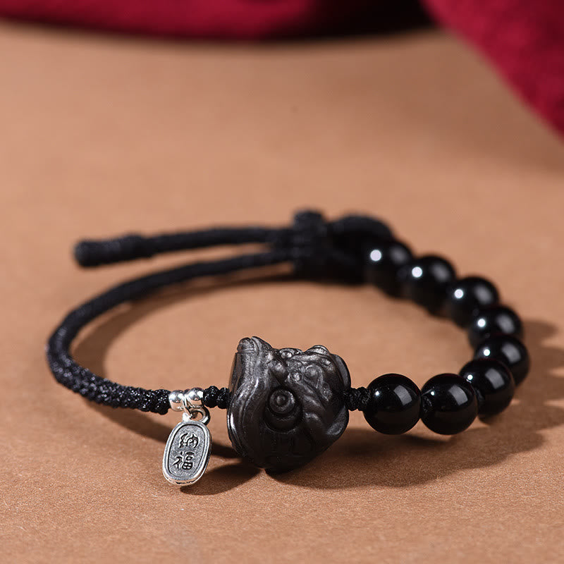 Buddha Stonesブラックオブシディアン シルバーシーンオブシディアン キュートキャットダンシングライオン強さブレスレット - ダンシングライオン（手首周り14～16cm） - image 7