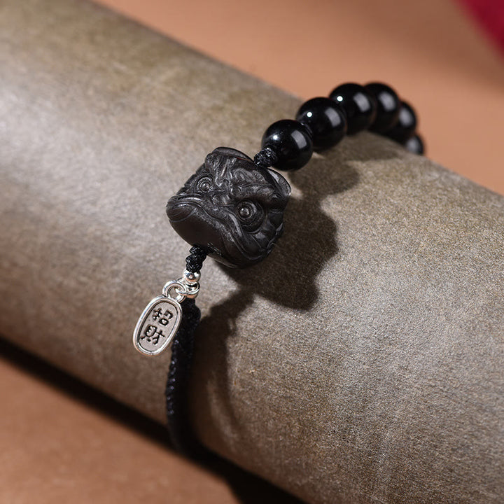Buddha Stonesブラックオブシディアン シルバーシーンオブシディアン キュートキャットダンシングライオン強さブレスレット - image 8