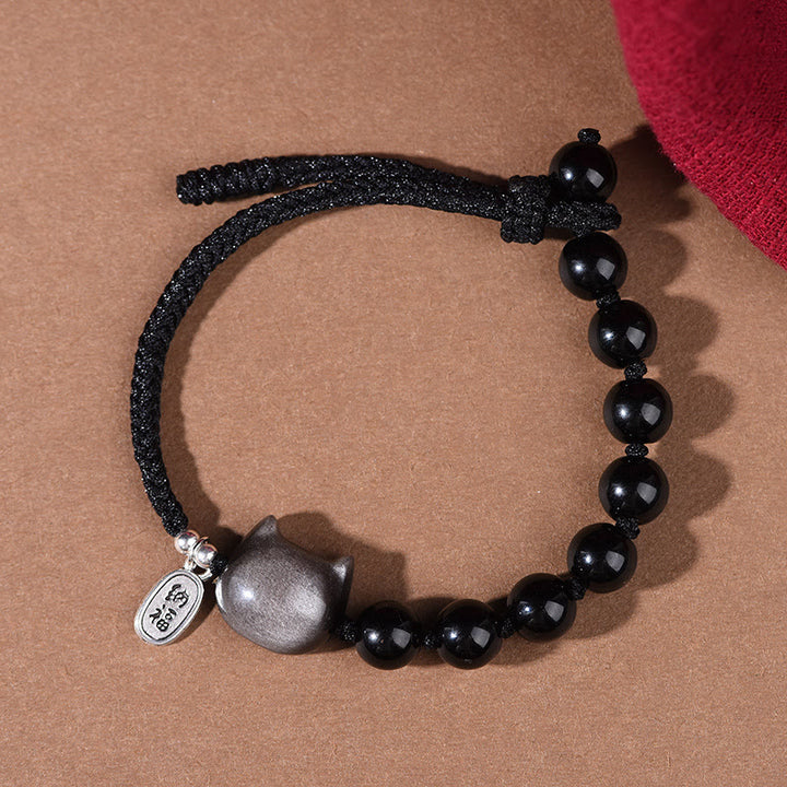 Buddha Stonesブラックオブシディアン シルバーシーンオブシディアン キュートキャットダンシングライオン強さブレスレット - image 3