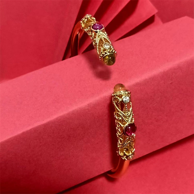 Buddha Stones金色 花柄 レッドジルコン アンバー 銅 幸運 カフ ブレスレット バングル - image 10