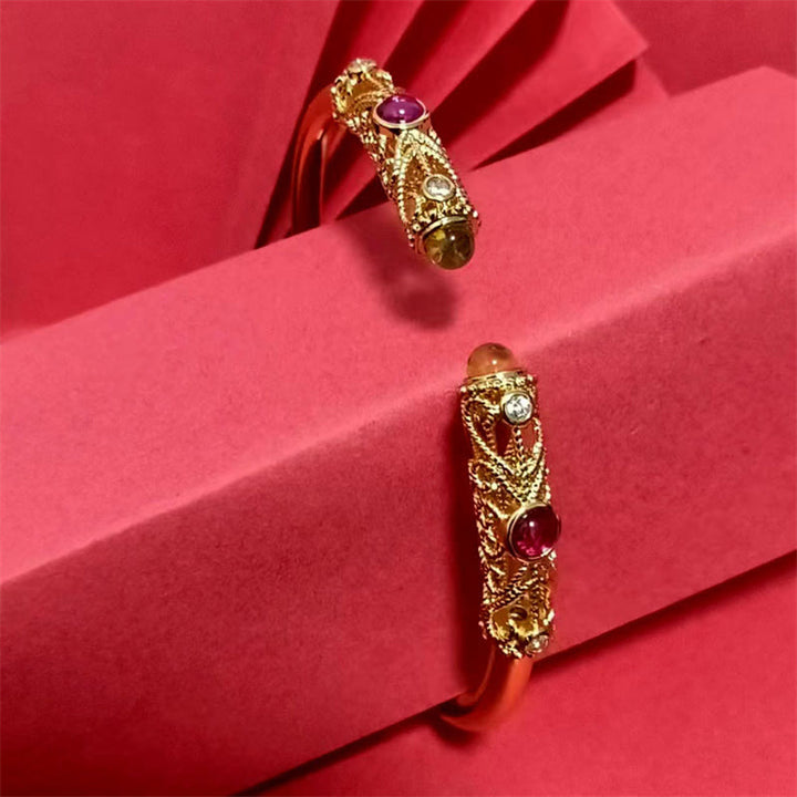 Buddha Stones金色 花柄 レッドジルコン アンバー 銅 幸運 カフ ブレスレット バングル - image 10