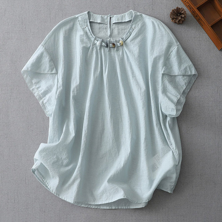 Buddha Stonesビーズクルーネックデザインコットン半袖レディースシャツ - ライトブルー - US12、 UK/AU16、 EU44 (2XL) - image 1