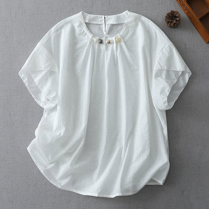 Buddha Stonesビーズクルーネックデザインコットン半袖レディースシャツ - 白 - US12、 UK/AU16、 EU44 (2XL) - image 6
