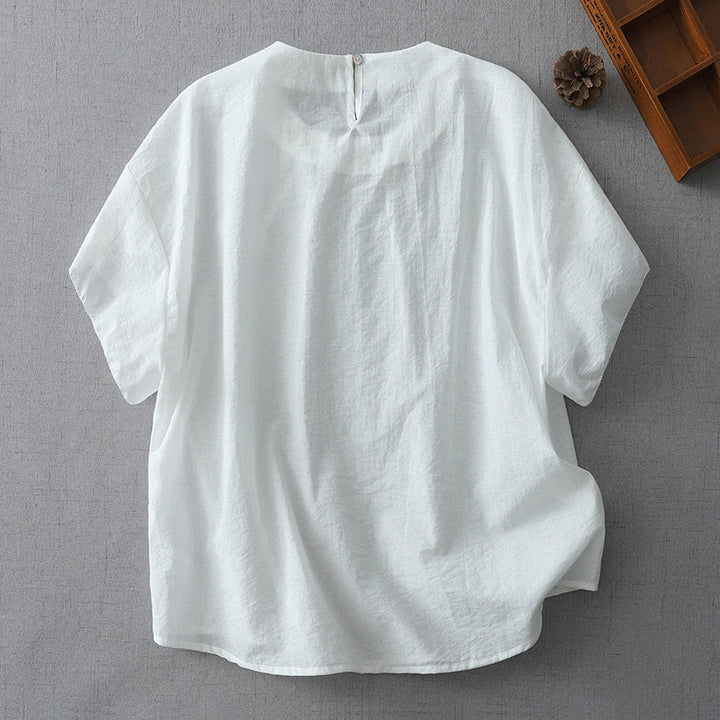Buddha Stonesビーズクルーネックデザインコットン半袖レディースシャツ - image 7